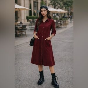 Joh Apparel Anne Stretch Suede Shirt Dress Burgundy Wine Red Long Sleeve L